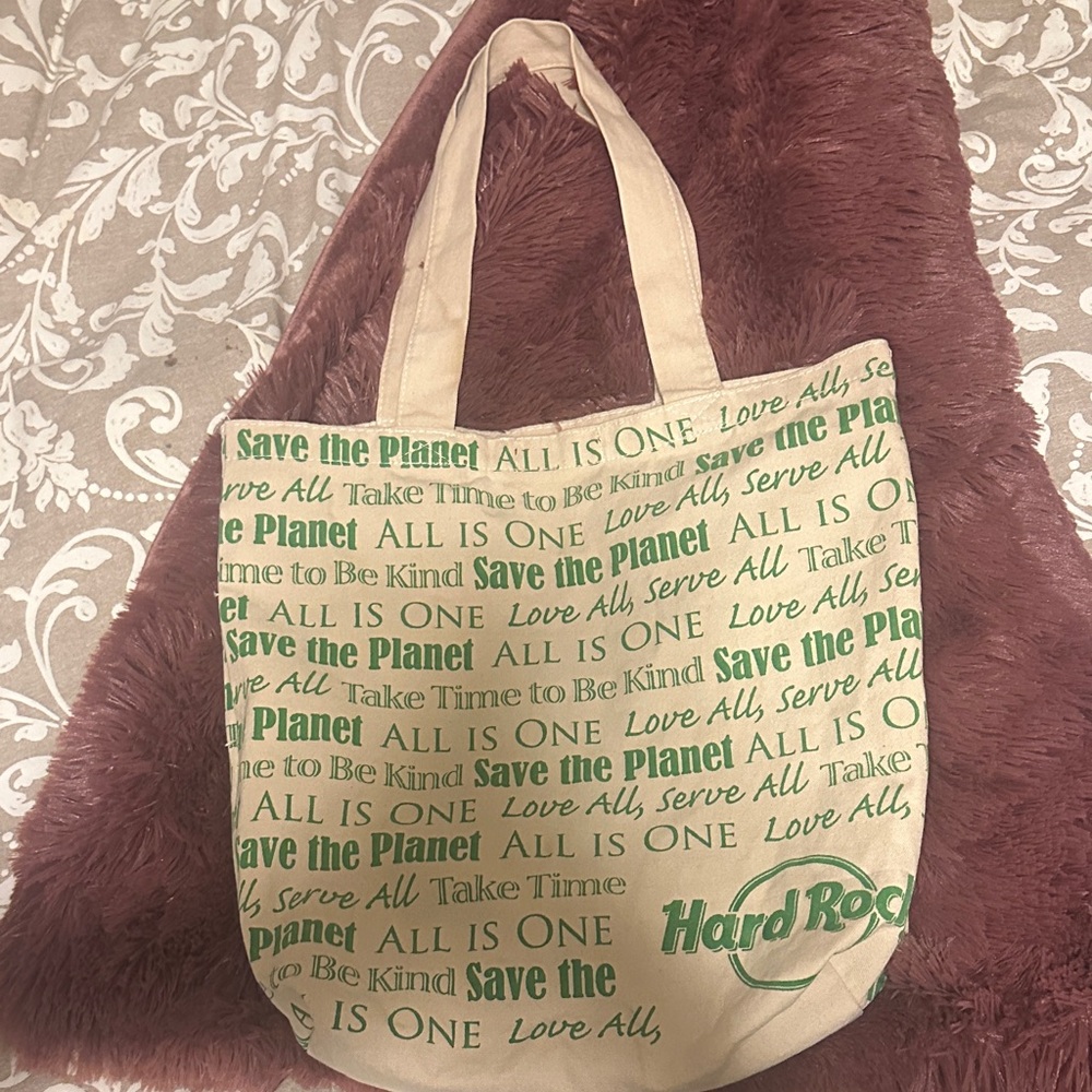 Hard Rock Cafe Beige and Green canvas bag